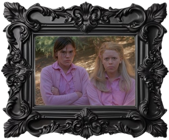 a framed picture of megan and graham from the movie 'but i'm a cheerleader', played by natasha lyonne and clea duvall. they're both dressed in pink and looking at the camera. graham is crossing her arms