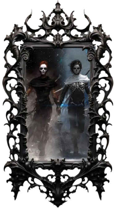 a framed edit of the book covers of gideon the ninth and harrow the ninth. they're edited so gideon and harrow look like they're holding hands